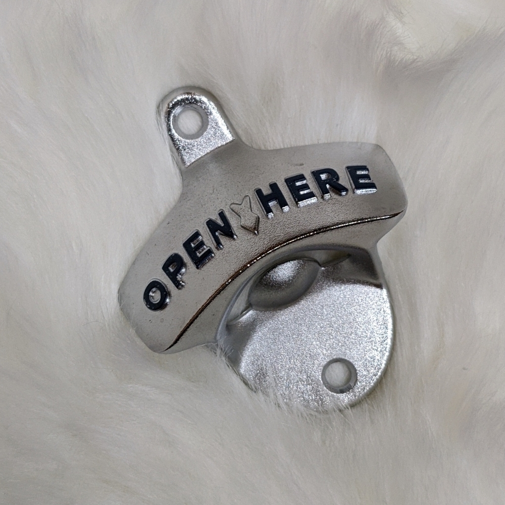 NWOT silver wall mount bottle opener "Open Here"